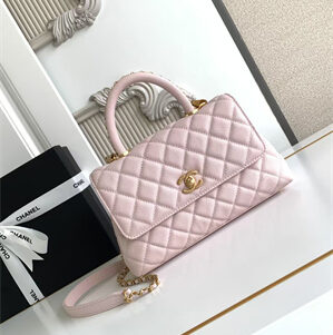 Cha.nel Small Coco Handle Bag Grained Calfskin Aged Gold Metal Pink A92990