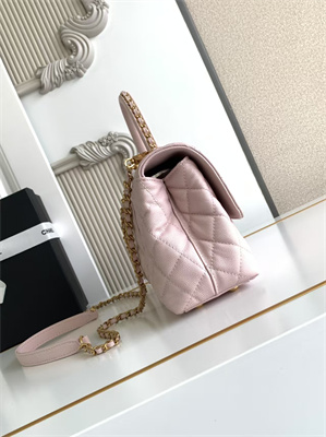 Cha.nel Small Coco Handle Bag Grained Calfskin Aged Gold Metal Pink A92990