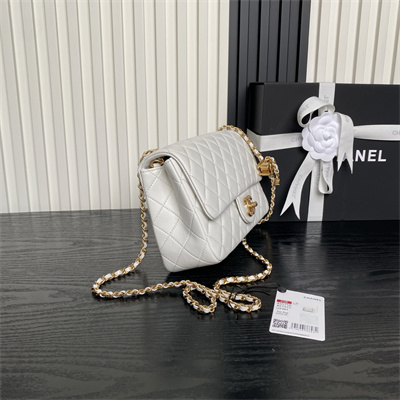 Chanel Small Flap Bag Lambskin Gold Tone Metal White AS5756