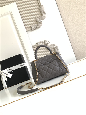 Cha.nel Mini Coco Handle Bag Grained Calfskin Aged Gold Metal Grey AS2215