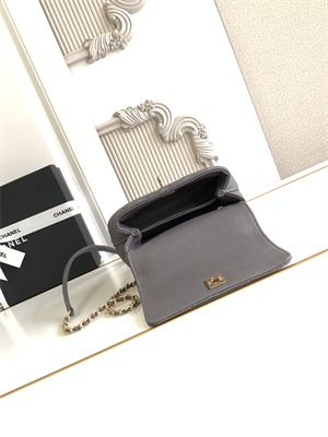 Cha.nel Mini Coco Handle Bag Grained Calfskin Aged Gold Metal Grey AS2215
