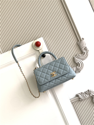 Cha.nel Mini Coco Handle Bag Grained Calfskin Aged Gold Metal Blue AS2215