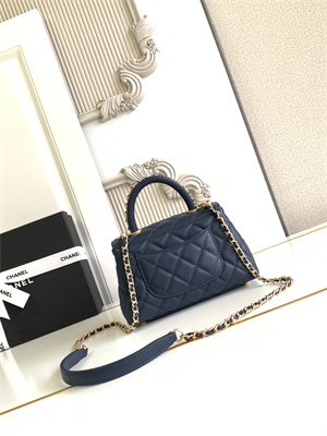 Cha.nel Mini Coco Handle Bag Grained Calfskin Aged Gold Metal Navy AS2215