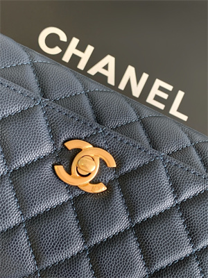 Cha.nel Mini Coco Handle Bag Grained Calfskin Aged Gold Metal Navy AS2215