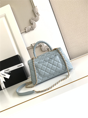 Cha.nel Small Coco Handle Bag Grained Calfskin Aged Gold Metal Blue A92990