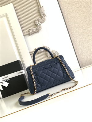 Cha.nel Small Coco Handle Bag Grained Calfskin Aged Gold Metal Navy A92990