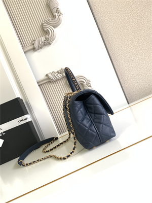 Cha.nel Small Coco Handle Bag Grained Calfskin Aged Gold Metal Navy A92990