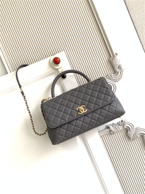 Cha.nel Large Coco Handle Bag Grained Calfskin Aged Gold Metal Grey A92991