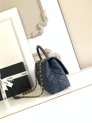 Cha.nel Large Coco Handle Bag Grained Calfskin Aged Gold Metal Navy A92991