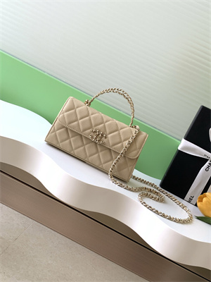 Cha.nel Clutch With Chain Top Handle Grained Calfskin Gold Tone Metal Beige AP3238