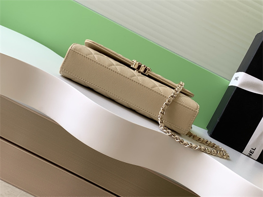 Cha.nel Clutch With Chain Top Handle Grained Calfskin Gold Tone Metal Beige AP3238