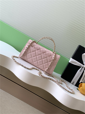 Cha.nel Clutch With Chain Top Handle Grained Calfskin Gold Tone Metal Pink AP3238