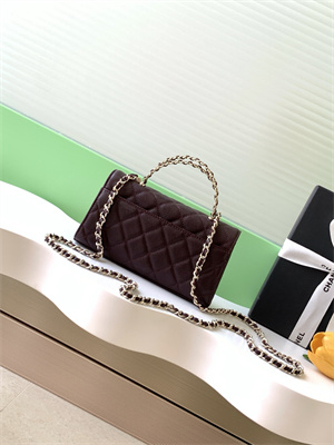 Cha.nel Clutch With Chain Top Handle Grained Calfskin Gold Tone Metal Burgundy AP3238