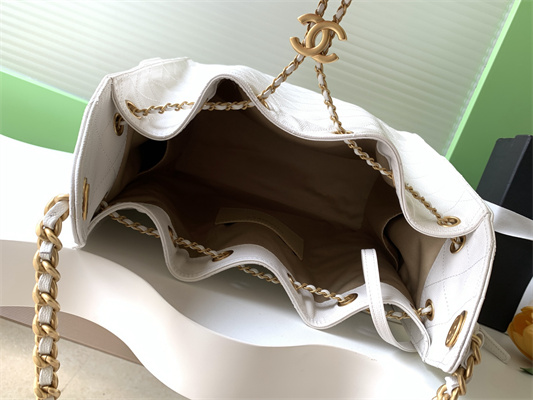 Chanel 25 Medium Handbag Grained Calfskin Gold Tone Metal White AS5311