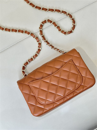 Chanel Mini Classic Flap Bag Lambskin Gold Tone Metal Caramel Color 01116 TOP
