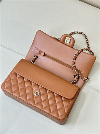 Chanel Medium Classic Flap Bag Lambskin Gold Tone Metal Caramel Color 01112 TOP