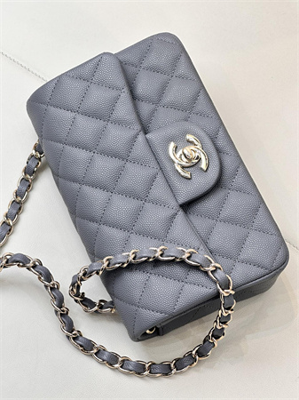 Chanel Mini Classic Flap Bag Grained Calfskin Gold Tone Metal Dk Grey 01116 TOP