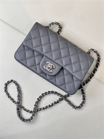 Chanel Mini Classic Flap Bag Grained Calfskin Silver Tone Metal Dk Grey 01116 TOP