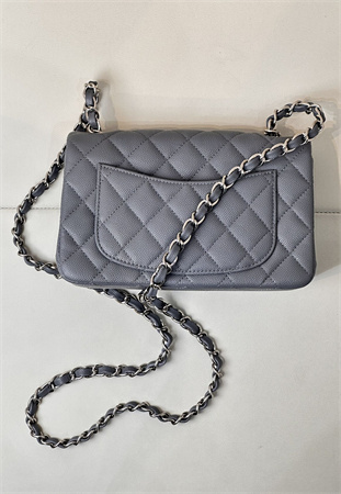 Chanel Mini Classic Flap Bag Grained Calfskin Silver Tone Metal Dk Grey 01116 TOP