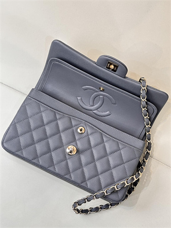 Chanel Small Classic Flap Bag Grained Calfskin Gold Tone Metal Dk Grey 01117 TOP