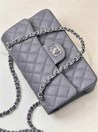 Chanel Small Classic Flap Bag Grained Calfskin Silver Tone Metal Dk Grey 01117 TOP