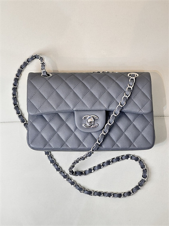 Chanel Small Classic Flap Bag Grained Calfskin Silver Tone Metal Dk Grey 01117 TOP