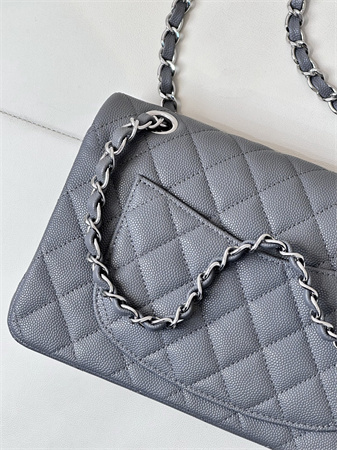 Chanel Small Classic Flap Bag Grained Calfskin Silver Tone Metal Dk Grey 01117 TOP