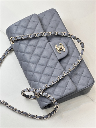 Chanel Medium Classic Flap Bag Grained Calfskin Gold Tone Metal Dk Grey 01112 TOP