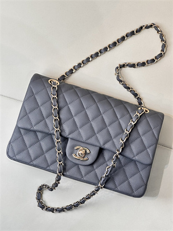 Chanel Medium Classic Flap Bag Grained Calfskin Gold Tone Metal Dk Grey 01112 TOP