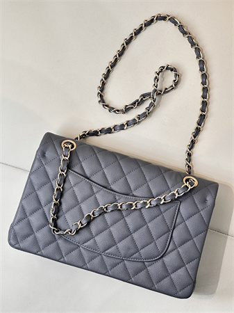 Chanel Medium Classic Flap Bag Grained Calfskin Gold Tone Metal Dk Grey 01112 TOP