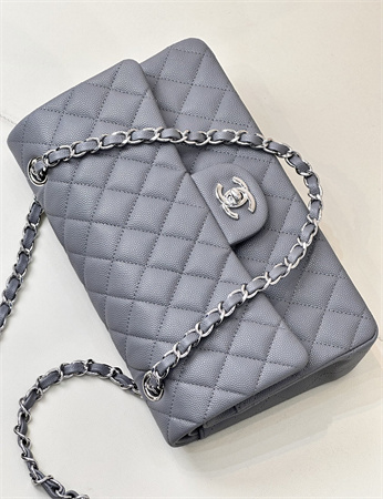 Chanel Medium Classic Flap Bag Grained Calfskin Silver Tone Metal Dk Grey 01112 TOP