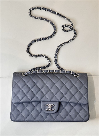 Chanel Medium Classic Flap Bag Grained Calfskin Silver Tone Metal Dk Grey 01112 TOP