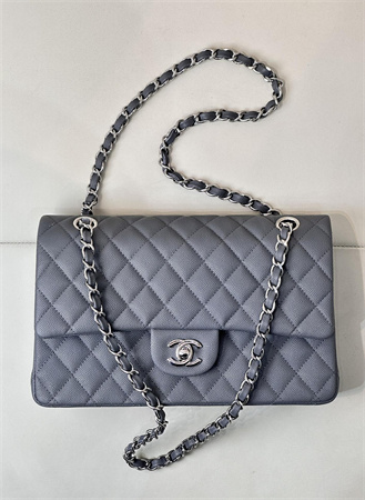 Chanel Medium Classic Flap Bag Grained Calfskin Silver Tone Metal Dk Grey 01112 TOP