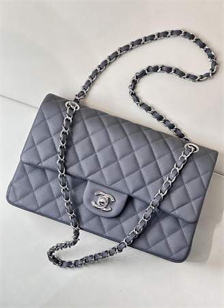 Chanel Medium Classic Flap Bag Grained Calfskin Silver Tone Metal Dk Grey 01112 TOP