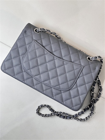 Chanel Medium Classic Flap Bag Grained Calfskin Silver Tone Metal Dk Grey 01112 TOP