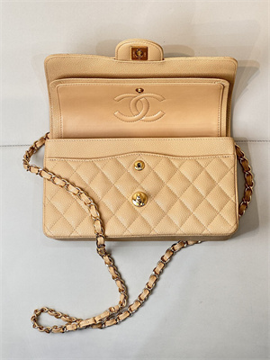 Chanel Small Classic Flap Bag Grained Calfskin Gold Tone Metal Beige 01117 TOP