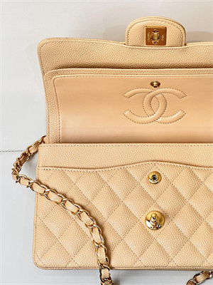 Chanel Small Classic Flap Bag Grained Calfskin Gold Tone Metal Beige 01117 TOP