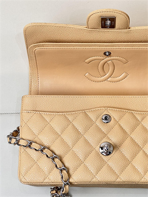 Chanel Small Classic Flap Bag Grained Calfskin Silver Tone Metal Beige 01117 TOP