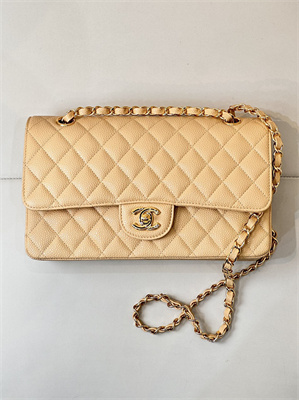Chanel Medium Classic Flap Bag Grained Calfskin Gold Tone Metal Beige 01112 TOP