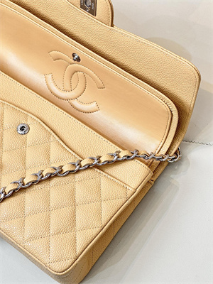 Chanel Medium Classic Flap Bag Grained Calfskin Silver Tone Metal Beige 01112 TOP