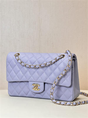 Chanel Medium Classic Flap Bag Grained Calfskin Gold Tone Metal Lt Purple 01112 TOP
