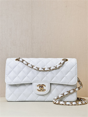 Chanel Small Classic Flap Bag Grained Calfskin Gold Tone Metal White 01117 TOP
