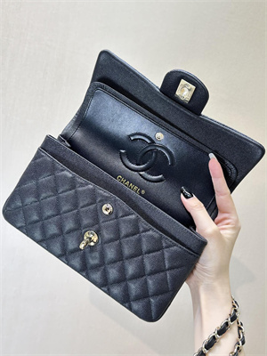 Chanel Small Classic Flap Bag Grained Calfskin Gold Tone Metal Black 01117 TOP