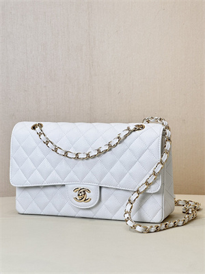 Chanel Medium Classic Flap Bag Grained Calfskin Gold Metal White 01112 TOP