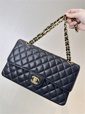 Chanel Medium Classic Flap Bag Grained Calfskin Gold Tone Metal Black 01112 TOP