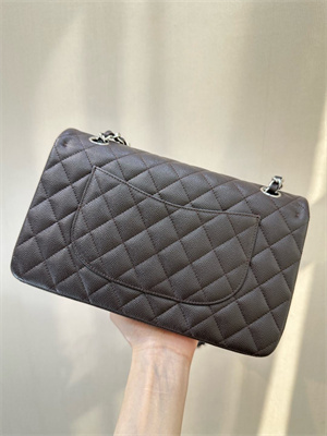 Chanel Medium Classic Flap Bag Grained Calfskin Silver Tone Metal Dk Coffee 01112 TOP