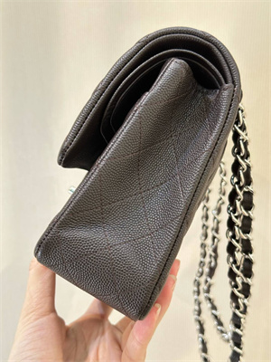 Chanel Medium Classic Flap Bag Grained Calfskin Silver Tone Metal Dk Coffee 01112 TOP