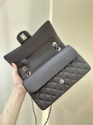 Chanel Medium Classic Flap Bag Grained Calfskin Silver Tone Metal Dk Coffee 01112 TOP