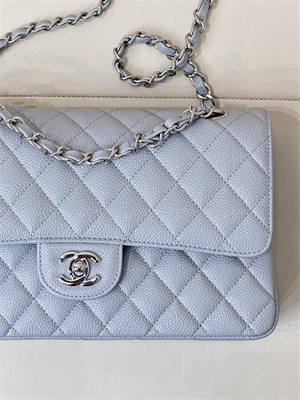 Chanel Medium Classic Flap Bag Grained Calfskin Silver Tone Metal Dusty Blue 01112 TOP