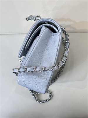 Chanel Medium Classic Flap Bag Grained Calfskin Silver Tone Metal Dusty Blue 01112 TOP